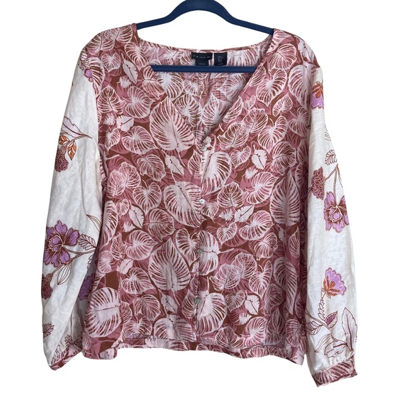 Tahari Linen Long Sleeve Floral Monstera Leaf Button V Neck - Picture 1 of 7